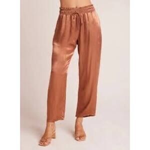 Bella Dahl Women’s Smocked Waist Trousers Sz  XS Satin Curacou Coconut Cropped